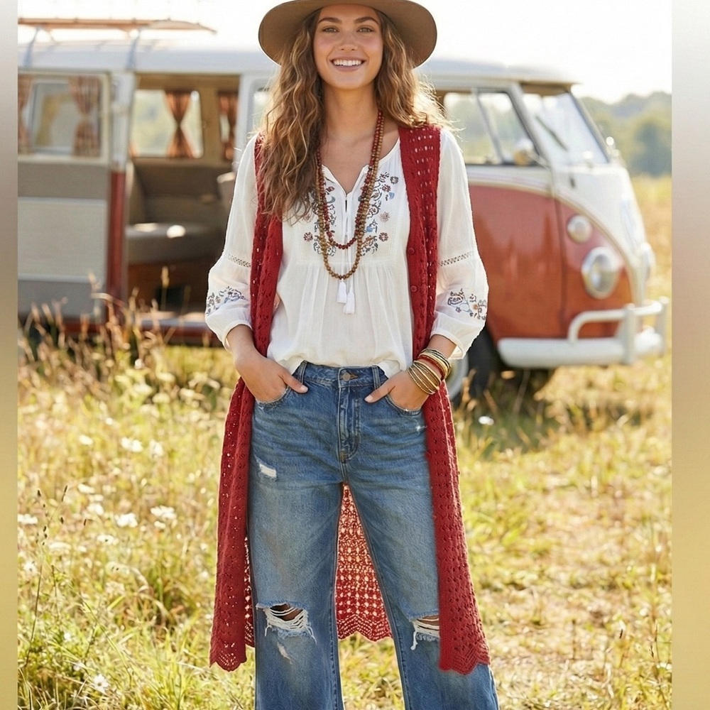 Cato Crotchet Mesh Knit Long Bohemian Hippie Rust Vest 22/24 2X
